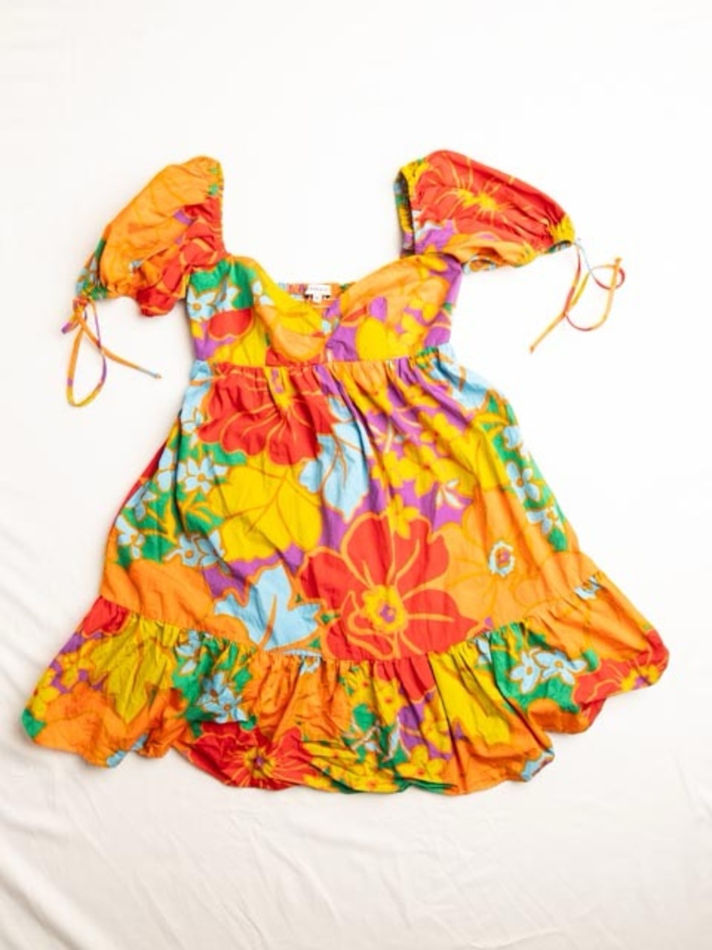 Olivaceous Hot Pink & Orange Floral Puff-Sleeve Babydoll Mini Dress